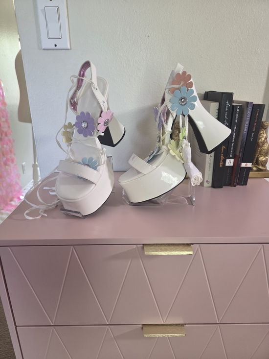 Sugar Thrillz Shoes - Sugar Thrillz White Patent Platform Heels with Pastel Flower Appliqués